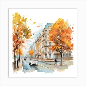 Watercolor Autumn Street In Paris Art Print