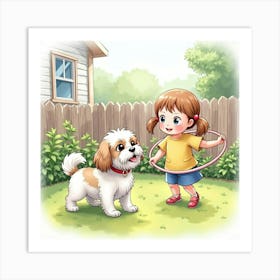 A Shih Tzu And A Young Girl Playing With A Hula Hoop In The Yard, Watercolor Art Print