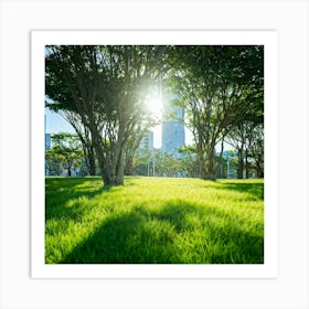 Bright Green Grass Under A Radiant Sun Swathed In Tokyo City Stands Out Against The Contrasting Sh (5) Art Print