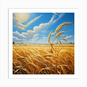 Golden Wheat Field Under Blue Sunny Sky Stalks Swaying Gently In A Soft Breeze Distant Horizon Kis Poster