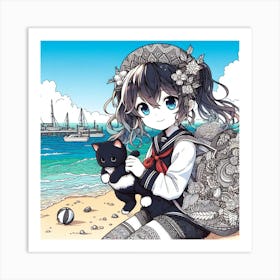 Anime Girl With Cat On The Beach Art Print