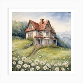 Watercolor House With Daisies 1 Art Print