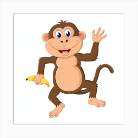 Illustration of cute cartoon monkey, Cartoon Monkey Vector Art Print