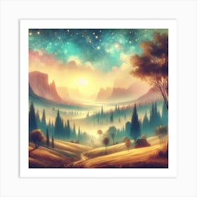 Landscape With Trees And Stars Painting Art Print