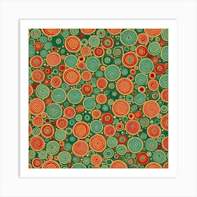 A Pattern Featuring Circles filled with circles With Lines Rustic Green, Red and white Colors, Flat Art, 109 Art Print