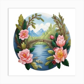 Bridge With Lotus Flowers Art Print