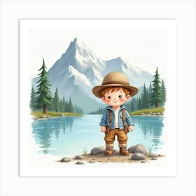 Watercolor Baby Boy Wearing A Tiny Explorer Hat By A Mountain Lake Art Print