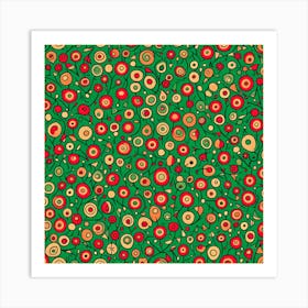 Fruit theme pattern, A Pattern Featuring Abstract  fruit Shapes With Lines Rustic Green And Red Colors, Flat Art, 115 Art Print