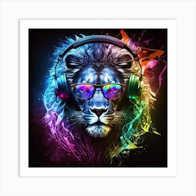 Lion With Headphones Art Print