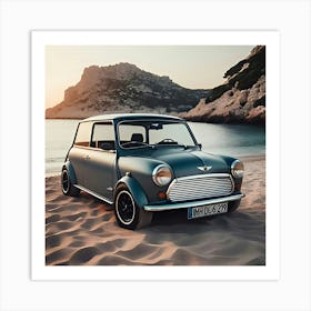 A Blue Vintage Charcoal Grey Mini Cooper On The Beach 3 1 Poster