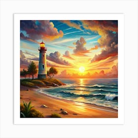 Lighthouse On A Beach At Sunset Art Print