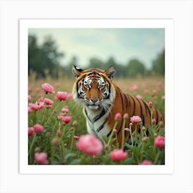 Tiger In A Meadow Of Peonies 1 Art Print