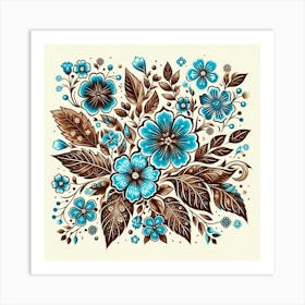 Batik, Blue And Brown Flowers Art Print