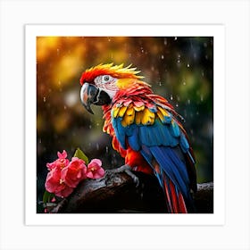 Colorful Parrot In The Rain Art Print