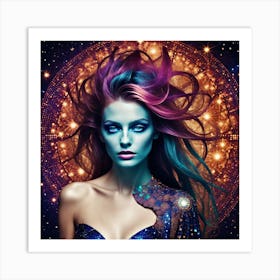 Beautiful Woman With Colorful Hair In Space Art Print