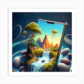 Samsung Galaxy S10 A smartphone whose screen displays a miniature view of a waterfall. Art Print