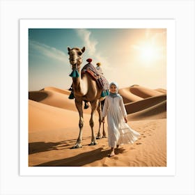 Muslim Girl With Camel In The Desert Art Print