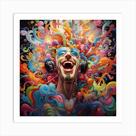 Man With Headphones Listening To Music Art Print