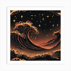 Dark Waves And Stars Under Cosmic Night Sky Art Print