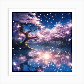 Magical Lakeside Cherry Blossom Trees Art Print