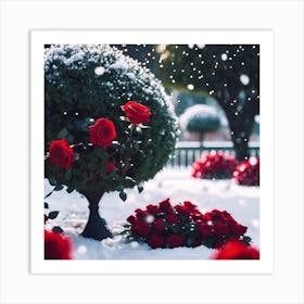 Garden Park in the Snow with Red Roses Art Print