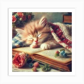 Kitten Sleeping On A Book 2 Art Print