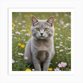 A Cute Grey Cat In A Floral Field Art Print