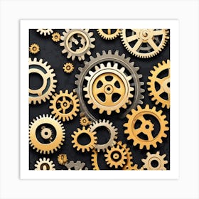 Gold Gears On Black Background 7 Art Print