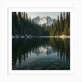 A Calm Lake Surrounded By Dense Pine Forests And Towering Snow Capped Mountains 1 1 Art Print