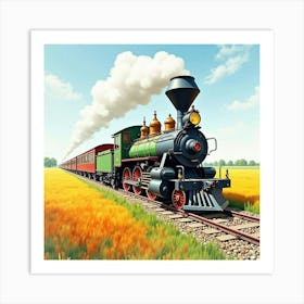 Old Fashioned Locomotive Moving Through A Vibrant Watercolor Field 1 Art Print