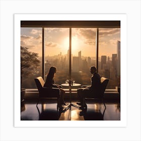 Two persons having a conversation in a room with large windows overlooking a city scape Art Print