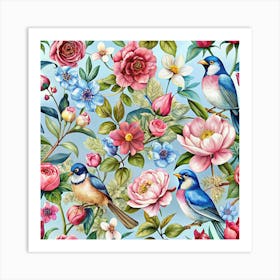 Seamless Pattern Of Watercolor Flowers And Birds Art Print