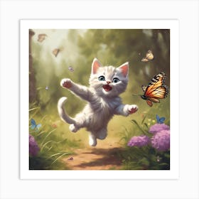 White Cat With Butterflies Art Print