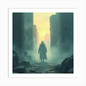 Ghostly Warrior Emerging From Misty Ruins At Dawn, Watercolor Effect 1 1 Art Print