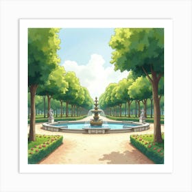 Parisian Park In Watercolor With Lush Trees, A Fountain, And Graceful Statues 1 Art Print