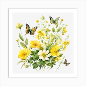 Yellow Flowers With Butterflies Art Print