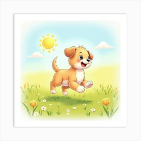 Baby Laughing As A Puppy Runs By In A Sunny Watercolor Meadow Art Print