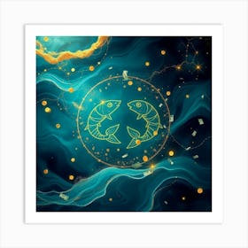 Pisces symbol with gold coins Art Print