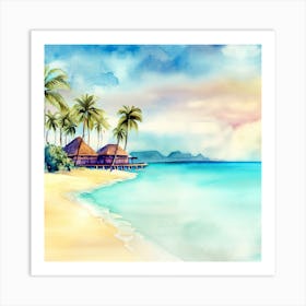 Watercolor Tropical Beach With Palm Trees, Bora Bora Art Print