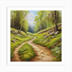 Path In The Woods.A dirt footpath in the forest. Spring season. Wild grasses on both ends of the path. Scattered rocks. Oil colors.28 Art Print