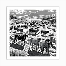 Cattle Ranch Scene Monochrome Cubism Style Art Print