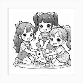 Three Girls Playing With A Toy Art Print