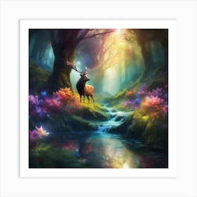 Wild Stag by the Forest Waterfall Art Print