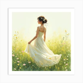 Elegant Woman In Watercolor Dress, Charming Meadow 1 Art Print