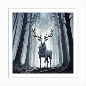 A White Stag In A Fog Forest In Minimalist Style Square Composition 25 Art Print