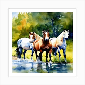 Horses By The Water Art Print