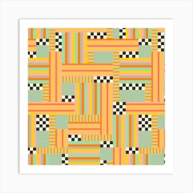 CHECKS AND STRIPES Retro Abstract Geometric Checkerboard Patchwork in Mid-Century Modern Summer Orange Yellow Blue with Black and White Art Print