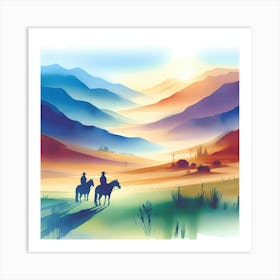 Watercolor Cowboys In The Mountains Art Print