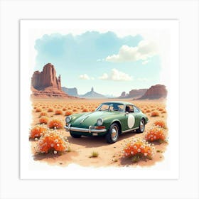 Exotic Car Near A Blooming Desert, Watercolor Painting 1 Art Print