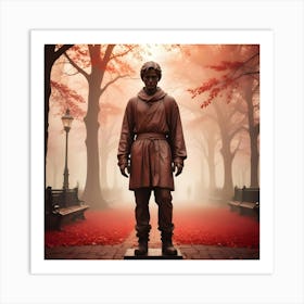 Statue Of A Man In A Modern Outfit In A Foggy Red Park Art Print